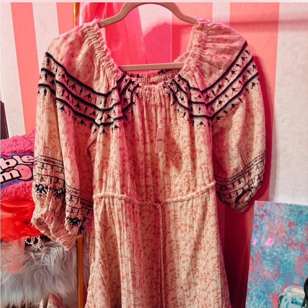 Bohemian Free People off the shoulder Floral Dress with Black Embroidery